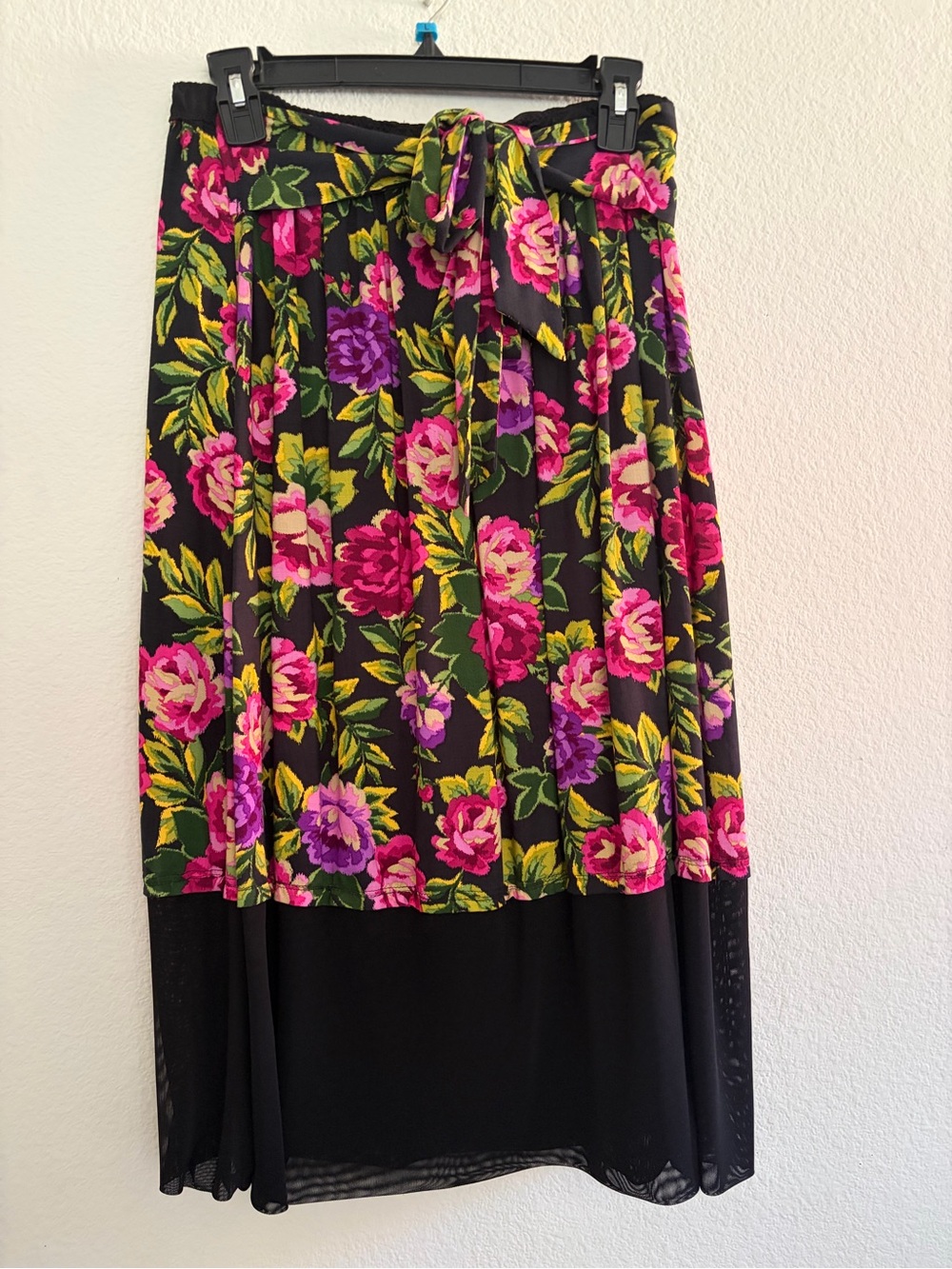 Vintage Black Floral Midi Skirt with Tie Waist
